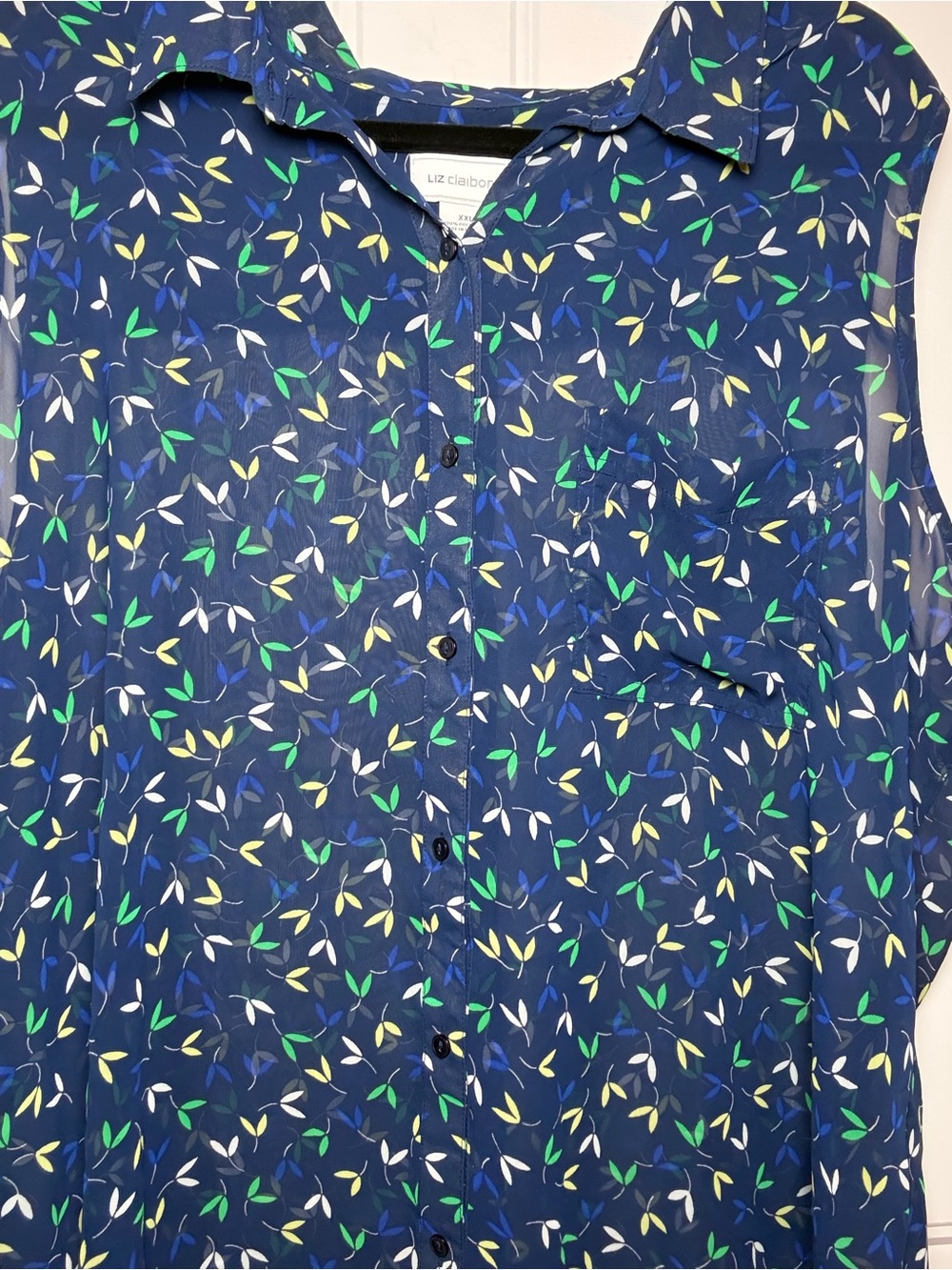 Liz Claiborne Navy Floral Leaf Button-Up Blouse